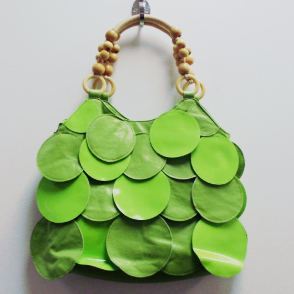 Vintage Lime Green Wooden Beads Handle Leather Bag